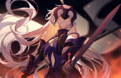  1girl :d absurdres armor armored_boots armored_dress banner bare_shoulders black_gloves boots breasts chain clothing_cutout crazy_eyes elbow_gloves erchongbaojun fate/grand_order fate_(series) faulds flag fur_trim gauntlets gloves grin headpiece highres jeanne_d&#039;arc_(fate) jeanne_d&#039;arc_alter_(avenger)_(fate) jeanne_d&#039;arc_alter_(avenger)_(third_ascension)_(fate) jeanne_d&#039;arc_alter_(fate) large_breasts long_hair looking_at_viewer navel_cutout open_mouth plackart smile solo standard_bearer sword very_long_hair weapon yellow_eyes 