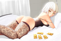 1girl :t ass bad_id bad_pixiv_id bed bed_sheet black_thighhighs blush bottomless breasts camisole closed_mouth curtains fate/grand_order fate_(series) highres indoors jeanne_d&#039;arc_(fate) jeanne_d&#039;arc_alter_(avenger)_(fate) jeanne_d&#039;arc_alter_(fate) lace lace_legwear looking_at_viewer looking_back lying nekoda_(maoda) hugging_object on_bed on_stomach patterned_legwear photo-referenced pillow pillow_hug revision see-through see-through_legwear short_hair solo strap_slip thighhighs thighs transparent white_hair yellow_eyes rating:Questionable score:98 user:danbooru