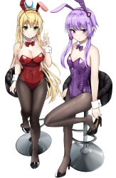  1girl ahoge animal_ears black_footwear black_pantyhose blonde_hair bow bowtie breasts champagne_flute cleavage cup detached_collar drinking_glass full_body green_eyes hakuto_(hakuto711) high_heels highres large_breasts leotard long_hair looking_at_viewer pantyhose playboy_bunny purple_bow purple_bowtie purple_eyes purple_hair purple_leotard rabbit_ears red_bow red_bowtie red_leotard shoe_dangle short_hair_with_long_locks simple_background sitting small_breasts solo stool tsurumaki_maki voiceroid white_background wrist_cuffs yuzuki_yukari 