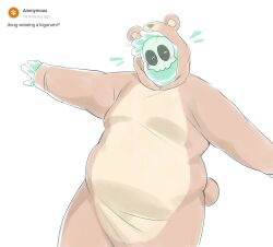  1boy alternate_costume animal_costume bara bear_costume big_belly colored_skin cosplay cowboy_shot doug_(monster_prom) fat fat_man green_skin happy happy_aura highres kigurumi male_focus monster_boy monster_prom nifast_(greentail) object_through_head outstretched_arms pale_color see-through short_shorts shorts slime_boy solo spread_arms sword_in_head tareme 