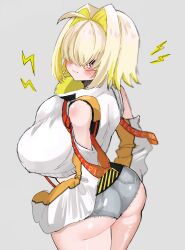  1girl ahoge ass black_gloves blonde_hair blush breasts closed_mouth clothing_cutout crop_top crop_top_overhang cropped_sweater elegg_(nikke) from_behind gloves goddess_of_victory:_nikke grey_background grey_shorts hair_intakes hair_over_eyes highres large_breasts long_bangs long_sleeves looking_at_viewer micro_shorts multicolored_clothes multicolored_gloves multicolored_hair navel pink_eyes short_hair shorts shoulder_cutout simple_background solo suspender_shorts suspenders thigh_strap thighs two-tone_hair uniofthedead yellow_gloves 