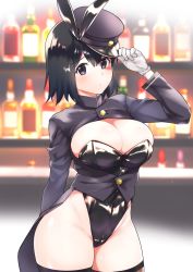  1girl adapted_costume akitsu_maru_(kancolle) alcohol animal_ears arm_up black_eyes black_hair black_hat black_thighhighs blush bottle breasts cleavage cowboy_shot fake_animal_ears fishnet_thighhighs fishnets gloves groin hand_on_headwear hat highres kantai_collection large_breasts leotard looking_at_viewer military_hat peaked_cap playboy_bunny rabbit_ears rampage_2nd shiny_clothes short_hair solo thick_thighs thighhighs thighs white_gloves  rating:Sensitive score:36 user:danbooru