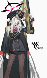  1girl absurdres black_coat black_horns black_pantyhose blue_archive bullpup character_name coat coat_on_shoulders cowboy_shot demon_horns english_text gehenna_academy_logo gloves gradient_horns grey_hair gun hair_over_one_eye halo hand_up hat highres holding holding_gun holding_weapon horns long_hair long_sleeves makoto_(blue_archive) multicolored_horns multiple_horns pantyhose parted_lips peaked_cap rifle sanpaku sniper_rifle solo very_long_hair walther walther_wa_2000 weapon white_background white_gloves xintianou 