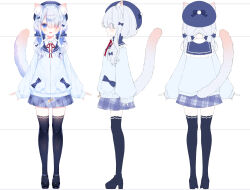  0_0 1girl animal_ears arisugawa_etona beret black_footwear black_thighhighs blue_beret blue_bow blue_hair blue_hat blue_jacket blue_sailor_collar blue_skirt blue_tail blunt_bangs blush bow cat_ears cat_girl cat_tail character_sheet collared_jacket collared_shirt eyes_visible_through_hair fang fish_skeleton_hair_ornament frilled_sailor_collar frills gradient_tail hair_bow hair_over_one_eye hat heterochromia indie_virtual_youtuber jacket kotamun letterboxed light_blue_hair loafers long_sleeves looking_at_viewer low_twintails medium_hair multiple_hair_bows multiple_views neck_ribbon official_art plaid plaid_skirt pleated_skirt pocket_bow puffy_long_sleeves puffy_sleeves red_eyes red_ribbon ribbon sailor_collar second-party_source shirt shoes skin_fang skirt sleeves_past_wrists smile tail thighhighs turnaround twintails unmoving_pattern virtual_youtuber white_background white_shirt wing_collar zettai_ryouiki zipper_pull_tab 