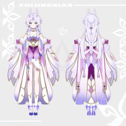  1boy absurdres bracelet braid character_sheet detached_sleeves dress earrings eastern_dragon_horns english_text full_body highres horns jewelry long_hair looking_at_viewer low-tied_long_hair male_focus multiple_views original pointy_ears virtual_youtuber white_hair yellow_eyes zhijing_niao 