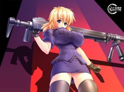  anti-materiel_rifle blonde_hair blue_eyes breasts cannon gloves gun hellsing hellsing_30mm_anti-tank_cannon_harkonnen large_breasts military military_uniform rifle seras_victoria skirt sniper_rifle thighhighs uniform weapon  rating:Questionable score:27 user:Anonymous