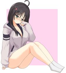  1girl :/ ahoge arm_at_side black_hair blush breasts cleavage closed_mouth collarbone commentary_request embarrassed eyes_visible_through_hair frown full_body green_eyes grey_hoodie hair_between_eyes hair_ornament hairclip hand_up head_tilt highres hitachi_mako hood hood_down hoodie knees_up large_breasts looking_to_the_side naked_hoodie no_shoes nose_blush panties panty_peek partially_unzipped paw_pose pink_background senren_banka shirayamakoma short_hair_with_long_locks simple_background sitting sleeves_past_wrists socks solo straight_hair thighs tsurime two-tone_background underwear white_background white_socks x_hair_ornament zipper 