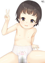 1girl black_hair blush breasts brown_eyes diaper flat_chest loli peeing small_breasts spread_legs tagme topless v wet_diaper win_opz rating:Explicit score:41 user:lord_muffington