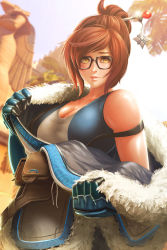  1girl bare_shoulders beads breasts brown_hair cleavage glasses gloves hair_bun hair_ornament hair_stick hairpin highres jacket large_breasts lips mark_henry_bustamante mei_(overwatch) overwatch overwatch_1 removing_jacket solo sweat tank_top yellow_eyes 