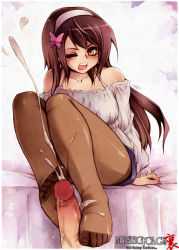 brown_hair censored cum ejaculation feet footjob highres legs messiah_cage open_mouth pantyhose penis teeth toes yellow_eyes rating:Explicit score:107 user:Kanebou