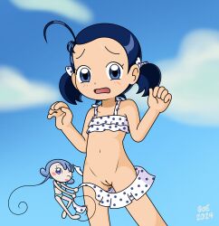  absurdres ahoge belly bikini bikini_pull bikini_skirt blue_eyes blue_hair blush cleft_of_venus clothes_pull fairy good_or_evil hair_ribbon hair_ribbons highres looking_at_viewer navel ojamajo_doremi open_mouth outdoors pink_eyes pink_hair pussy ribbon senoo_aiko short_hair shy sky standing surprised swimsuit tomboy twintails  rating:Explicit score:5 user:VHSephi