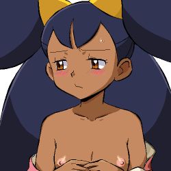 1girl averting_eyes bare_shoulders big_hair blush brown_eyes closed_mouth collarbone creatures_(company) dark-skinned_female dark_skin embarrassed female_focus flat_chest game_freak gomatarou_(pixiv196136) hair_ornament half-closed_eyes hands_up iris_(pokemon) jaggy_lines loli long_hair looking_to_the_side lowres nintendo nipples off_shoulder own_hands_together pink_shirt pokemon pokemon_bw purple_hair shirt simple_background solo sweat two_side_up upper_body white_background rating:Questionable score:76 user:Perv-Ultra