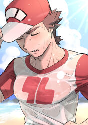  1boy artist_name beach brown_hair closed_eyes cloud cloudy_sky creatures_(company) day game_freak harayan hat male_focus muscular muscular_male nintendo nipples ocean outdoors pectorals pokemon pokemon_sm red_(pokemon) red_hat red_shirt see-through see-through_shirt shirt short_hair short_sleeves sky solo sweat two-tone_hat two-tone_shirt upper_body wet wet_clothes wet_shirt white_hat white_shirt 