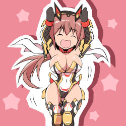  1girl :o armor armored_boots armored_gloves arms_up asahi ass_shake bodysuit boobplate boots breastplate breasts brown_hair caramelldansen chibi clenched_hands closed_eyes covered_navel curvy dancing gloves happy highleg highleg_leotard large_breasts leotard lilith-soft long_hair low_ponytail meme official_art open_mouth pink_background ponytail revealing_clothes scarf sentai shiny_clothes shiny_skin smile solo taimanin_(series) taimanin_rpgx thong_leotard utashima_mugi white_scarf wide_hips 