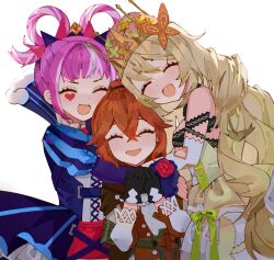  3girls :d ^_^ absurdres anna_(fire_emblem) black_gloves blonde_hair blue_dress blunt_bangs bow celine_(fire_emblem) closed_eyes commentary commission dress earrings facial_mark facing_viewer fire_emblem fire_emblem_engage gloves green_bow hair_rings heart highres hortensia_(fire_emblem) hug jewelry juliet_sleeves long_hair long_sleeves mariirasuto7 multicolored_hair multiple_girls nintendo open_mouth pink_hair puffy_sleeves red_hair simple_background smile streaked_hair striped_clothes striped_dress upper_body very_long_hair white_background 