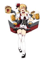  10s 1girl alcohol beer beer_mug blonde_hair breasts cup german_clothes high_heels kantai_collection mug open_mouth prinz_eugen_(kancolle) simple_background smile twintails white_legwear  rating:Sensitive score:5 user:fk19490083