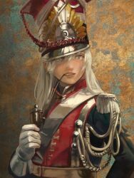  1girl bad_tag dana_(ocana_dana) dress_uniform gloves grey_eyes hair_over_one_eye hat hat_ornament highres holding holding_smoking_pipe long_hair looking_to_the_side military military_hat military_uniform open_mouth original parted_bangs pipe_in_mouth polish_army polish_clothes smoking_pipe soldier swept_bangs teeth two-tone_background uniform upper_body upper_teeth_only very_long_hair white_gloves white_hair 