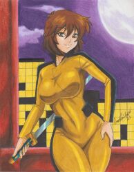  1girl 2023 absurdres april_o&#039;neil breasts brown_eyes brown_hair bruce_lee&#039;s_jumpsuit building commission covered_navel hand_on_own_hip highres holding holding_sword holding_weapon jumpsuit large_breasts moon night ravernclouk_design short_hair sword teenage_mutant_ninja_turtles traditional_media weapon yellow_jumpsuit 