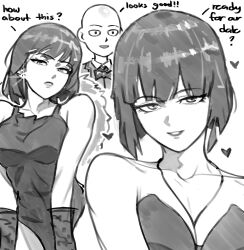  1boy 1girl absurdres atoroux bald bow bowtie dress elegant formal fubuki_(one-punch_man) happy highres looking_at_another one-punch_man saitama_(one-punch_man) short_hair sketch smile suit  rating:General score:9 user:fsdvt8