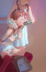 1=2 2girls bdsm bondage bound brown_hair closed_eyes cum cum_in_mouth cum_on_hair dental_gag facial female_focus flat_chest gag gagged gokkun highres loli long_hair multiple_girls open_mouth panties red_hair restrained solo_focus sybian tongue tongue_grab underwear rating:Explicit score:326 user:loli_snapper