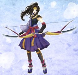 1girl black_eyes black_hair bow_(weapon) bqa6c0 female_focus fingerless_gloves full_body gloves headband inahime japanese_clothes jewelry kimono long_hair necklace open_mouth ponytail sengoku_musou shoulder_pads solo weapon 