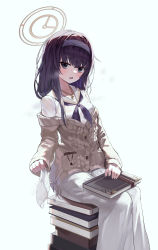  1girl absurdres black_eyes black_hair blue_archive book book_stack dot_nose gro_(lee145879) hairband halo highres holding holding_clothes holding_panties holding_underwear jewelry long_hair looking_at_viewer neckerchief panties parted_lips pendant purple_hairband shirt simple_background sitting solo steam steaming_body sweater ui_(blue_archive) underwear wet wet_clothes wet_shirt white_background white_panties white_shirt  rating:Sensitive score:29 user:danbooru