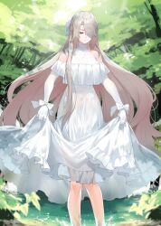  bandage_over_one_eye blonde_hair bow commentary_request covering_one_eye dress elbow_gloves eyepatch foliage forest gloves grey_hair highres lace lace_trim leaf light_rays long_hair lydia_macarthur nature original pond scar splashing sunbeam sunlight tree very_long_hair waka_(shark_waka) water wedding_dress white_bow white_dress white_gloves 