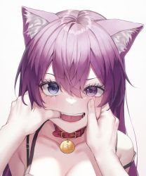  1girl :d animal_collar animal_ear_fluff animal_ears breasts cat_ears cat_girl cat_tail collar fangs finger_in_another&#039;s_mouth hand_on_another&#039;s_cheek hand_on_another&#039;s_face heterochromia long_hair luxiel medium_breasts mouth_pull open_mouth pov pov_hands purple_eyes purple_hair smile tail teeth  rating:General score:68 user:danbooru
