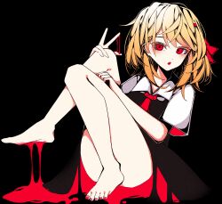  1girl absurdres ambiguous_red_liquid ascot bare_legs barefoot black_dress blonde_hair collared_shirt commentary_request convenient_leg dress full_body hair_ribbon highres nail_polish red_ascot red_eyes red_ribbon ribbon rumia shi_to_na shirt short_hair short_sleeves sitting solo toenail_polish toenails toes touhou 