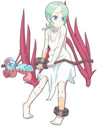  1girl aka_(s3637) anklet barefoot blue_eyes bracelet breath_of_fire breath_of_fire_v dress facial_mark feet full-body_tattoo green_hair jewelry nina_(breath_of_fire_v) red_wings short_hair solo staff tattoo weapon white_background white_dress wings 