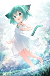  1girl :d animal_ears backlighting barefoot blush cat_ears cat_tail day dress dutch_angle feet flat_chest grass green_eyes green_hair highres kito_(sorahate) legs md5_mismatch open_mouth original outdoors see-through_silhouette sleeveless sleeveless_dress smile solo standing standing_on_one_leg sunlight tail water webp-to-png_conversion white_dress 