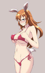  1girl animal_ears aqua_eyes bad_id bad_pixiv_id bikini blue_eyes blush breast_suppress breasts brown_hair charlotte_e._yeager cleavage female_focus front-tie_top grin kapera_(gyosyaza) large_breasts long_hair naughty_face orange_hair rabbit_ears rabbit_girl rabbit_tail red_bikini side-tie_bikini_bottom sideboob smile solo strike_witches swimsuit tail underboob world_witches_series 
