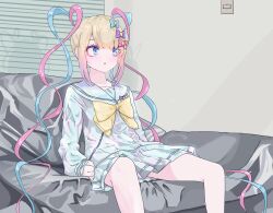  1girl absurdres blonde_hair blue_bow blue_eyes blue_hair blue_serafuku blue_shirt blue_skirt blush bow bowtie chouzetsusaikawa_tenshi-chan commentary_request coo_(bkkm3910) couch expressionless feet_out_of_frame flat_chest hair_bow hair_ornament heart heart_hair_ornament highres indoors lapel_pin light_switch long_hair long_sleeves looking_afar manatsu_no_yo_no_inmu medium_bangs meme multicolored_hair needy_girl_overdose open_mouth pink_bow pink_hair pleated_skirt purple_bow quad_tails sailor_collar school_uniform serafuku shirt sitting skirt solo very_long_hair window_blinds yellow_bow yellow_bowtie yjsnpi_interview_(meme) 