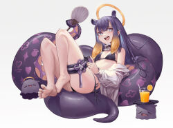 1girl absurdres barefoot bikini black_bikini blue_eyes blunt_bangs breasts center-flap_bangs cup dorsiflexion drinking_glass drinking_straw feet flower_knot food fruit fur-trimmed_choker gradient_hair halo hand_fan handheld_game_console highres holding holding_handheld_game_console hololive hololive_english igonnaswing knees_up legs long_hair looking_to_the_side lying multicolored_hair ninomae_ina&#039;nis object_on_head on_back open_mouth orange_(fruit) orange_hair orange_juice orange_slice pointy_ears purple_hair shirt shirt_partially_removed side-tie_bikini_bottom simple_background small_breasts smile soles spread_toes straight_hair swimsuit takodachi_(ninomae_ina&#039;nis) teeth tentacle_hair tentacles thigh_strap toes tray upper_teeth_only virtual_youtuber white_background white_shirt rating:Sensitive score:23 user:danbooru