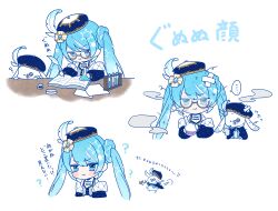  1girl :t ? animal asagao_minoru bandaid bandaid_on_face bandaid_on_forehead blue_eyes blue_hair blue_hat blue_jacket blue_nails blue_theme blush book braid chibi closed_mouth clothed_animal erlenmeyer_flask flask flower fur-trimmed_jacket fur_trim glasses gold_trim grey_vest hair_flower hair_ornament hat hat_feather hatsune_miku holding holding_flask holding_quill ink_bottle jacket light_blue_hair liquid long_hair looking_at_viewer messy_hair monocle multicolored_hair multiple_views neck_tassel off_shoulder open_book paper pout quill quilted_jacket rabbit rabbit_yukine ribbon round-bottom_flask semi-rimless_eyewear sigh simple_background sleepy smoke squeans starry_sky_print streaked_hair tassel test_tube twintails under-rim_eyewear vest vocaloid white_background writing yellow-framed_eyewear yuki_miku yuki_miku_(2025)_(candidate_no.4) 