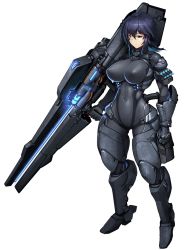  1girl arm_armor black_eyes black_hair bodysuit breasts closed_mouth covered_erect_nipples dairoku_ryouhei directed-energy_weapon energy_cannon energy_gun energy_weapon full_body glowing glowing_gun glowing_gun_barrel grey_bodysuit hetza_(hellshock) holding holding_weapon large_breasts leg_armor medium_hair pouch science_fiction skin_tight solo standing transparent_background weapon  rating:Sensitive score:15 user:danbooru