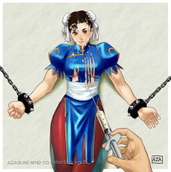 1girl azasuke bracelet capcom chained chain chun-li cum double_bun facial highres jewelry spiked_bracelet spikes street_fighter torn_clothes rating:Explicit score:4 user:Anonymous