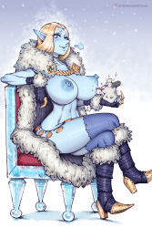  1girl artist_name bbc-chan black_footwear black_gloves blonde_hair blue_eyes blue_nipples blue_skin blue_thighhighs boots breasts cape chair colored_nipples colored_skin crossed_legs eira_lumidelle elf fingerless_gloves full_body fur-trimmed_cape fur-trimmed_footwear fur_trim gloves hamster high_heel_boots high_heels highres large_breasts long_hair navel nipples original patreon_username pointy_ears pointy_nose sitting solo thighhighs watermark web_address 