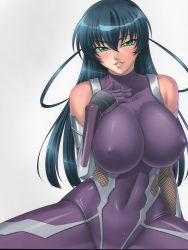  00s 1girl absurdres blue_hair bodysuit breasts covered_navel covered_erect_nipples female_focus green_eyes highres igawa_asagi kagami_hirotaka large_breasts signature skin_tight smile solo spread_legs taimanin_(series) taimanin_asagi  rating:Questionable score:72 user:spiderfan