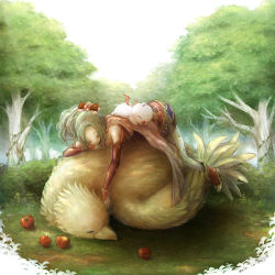  1990s_(style) 1girl apple bad_id bad_pixiv_id blanche_neige boots bow cape chocobo detached_sleeves elbow_gloves closed_eyes female_focus final_fantasy final_fantasy_vi fingerless_gloves food fruit gloves green_hair long_hair lying moogle outdoors pantyhose plant ponytail sky sleeping tina_branford tree  rating:Sensitive score:11 user:salarta