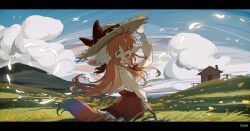  1girl ^_^ animal_ear_fluff animal_ears artist_name basket blue_sky bow braid closed_eyes cloud collared_shirt cowboy_shot day facing_viewer field fish7163 floating_hair fox_ears fox_girl fox_tail frilled_skirt frills furry furry_female grass hand_on_headwear hand_up hat hat_bow highres hill holding holding_basket letterboxed long_hair long_sleeves meadow neckerchief open_mouth orange_hair original outdoors red_neckerchief red_skirt scenery shirt side_braid signature simple_bird single_braid skirt sky smile solo standing straw_hat sun_hat tail white_shirt wide_shot wind 
