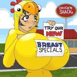 alex bad_tag bird blush breasts brown_eyes chicken cloud costume covered_erect_nipples dark_skin embarrassed holding huge_breasts jpeg_artifacts lowres restaurant sign solo sweat totally_spies woot rating:Sensitive score:14 user:SevenForce