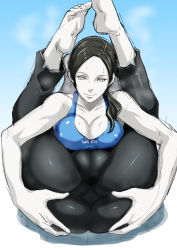 1girl anus ass ass_grab bare_shoulders barefoot black_hair blue_background breasts brown_hair butcha-u cameltoe cleavage clothes_writing colored_skin contortion covered_erect_nipples exercising feet flexible folded grabbing_own_ass grey_eyes large_breasts legs_over_head long_hair looking_at_viewer midriff navel nintendo open_mouth pale_skin pants ponytail sitting skin_tight smile soles solo spread_anus spread_anus_under_clothes spread_ass super_smash_bros. sweat tank_top through_clothes tight_clothes tight_pants toes toned white_skin wii_fit wii_fit_trainer wii_fit_trainer_(female) yoga rating:Questionable score:323 user:BlueBaroness