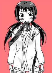 1girl arms_at_sides artist_request bangs belt belt_removed black_belt black_hair blush bottomless breasts brown_eyes clothes_in_mouth collarbone dougi embarrassed facing_viewer female_focus fingers hands idolmaster idolmaster_cinderella_girls japanese_text karate_gi legs long_hair long_sleeves long_twintails looking_at_viewer low_twintails medium_breasts monochrome mouth_hold nakano_yuka namco neck open_clothes open_shirt panties panties_around_leg pants pants_pull print_shirt pulled_by_self pulled_panties pulled_pants red_background shiny shiny_hair shirt shirt_under_shirt simple_background standing sweat sweatdrop thighs traditional_media twintails underwear undressing white_panties