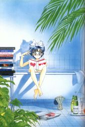 1990s_(style) 1girl :o alcohol bathroom bathtub bespectacled bishoujo_senshi_sailor_moon blue_eyes blue_hair book bow claw_foot_bathtub commentary drink earrings feet female_focus glass glasses hair_bow highres indoors jewelry legs matching_hair/eyes mizuno_ami nude official_art open_book plant reading retro_artstyle short_hair solo takeuchi_naoko towel tray wine rating:Sensitive score:23 user:danbooru