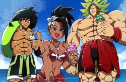  1girl 2boys :p alternate_costume bahnloopi bikini black_hair blonde_hair blue_sky bracelet broly_(dragon_ball_super) broly_(dragon_ball_z) chips_(food) dark_skin dragon_ball dragon_ball_super dragonball_z earrings eating food hair_ornament highres ice_cream jewelry kale_(dragon_ball) lips lipstick looking_at_another looking_at_viewer makeup multiple_boys muscular muscular_female muscular_male ocean pearl_bracelet ponytail popsicle pov saiyan scar scar_on_chest shell shorts sky sonic_the_hedgehog spiked_hair swimsuit tongue tongue_out water_ring  rating:Sensitive score:18 user:Miyuki_Lust