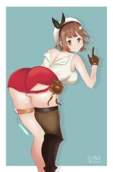1girl ass atelier_(series) atelier_ryza atelier_ryza_2 bare_shoulders blush boots breasts brown_eyes brown_hair from_behind gloves hair_ornament hair_ribbon hairclip hat highres leaning leaning_forward looking_at_viewer looking_back miyoro panties pantyshot red_shorts reisalin_stout ribbon short_hair short_shorts shorts sideboob single_glove single_thighhigh smile solo thighhighs underwear rating:Questionable score:10 user:armorcrystal