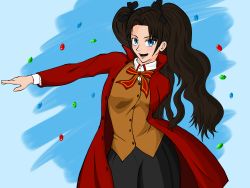  1girl absurdres blue_eyes brown_hair fate/stay_night fate_(series) highres jewelry long_hair open_mouth simple_background skirt tohsaka_rin twintails  rating:General score:1 user:Tereutes32