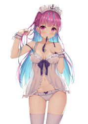 1girl absurdres ahoge anchor_print babydoll bare_shoulders blue_hair blue_nails blush braid breasts cleavage collarbone colored_inner_hair cowboy_shot earrings hair_down hair_tie_in_mouth hand_up headdress highres hokori_sakuni hololive jewelry lingerie long_hair looking_at_viewer medium_breasts minato_aqua mouth_hold multicolored_hair nail_polish navel panties purple_eyes purple_hair see-through sidelocks simple_background solo standing stomach streaked_hair thighhighs thighs two-tone_hair underwear underwear_only very_long_hair virtual_youtuber white_background white_panties white_thighhighs wrist_cuffs rating:Sensitive score:81 user:danbooru