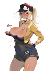 1girl absurdres bad_id bad_tumblr_id baseball_cap blonde_hair blue_eyes blush bouncing_breasts breasts cleavage collarbone colored_skin creatures_(company) dark-skinned_female dark_skin female_protagonist_(pokemon_go) fingerless_gloves game_freak gloves hand_on_own_hip hat heart heart-shaped_pupils highres ikuchan_kaoru jiggle large_breasts long_hair looking_at_viewer motion_lines multicolored_skin nintendo one_breast_out pokemon pokemon_go ponytail pout simple_background solo standing steam sweat sweatdrop symbol-shaped_pupils thighs translated veins veiny_breasts white_background rating:Questionable score:127 user:luls